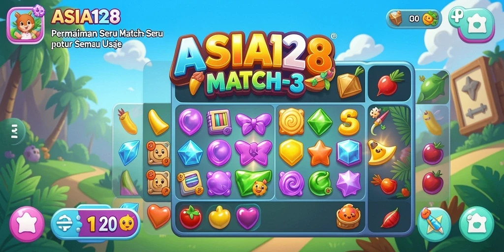 Screenshot gameplay ASIA128 dengan warna-warna cerah dan level yang menarik.