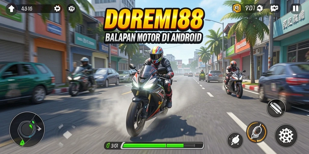 Tangkapan layar gameplay DOREMI88 yang menunjukkan aksi balapan motor yang mendebarkan.